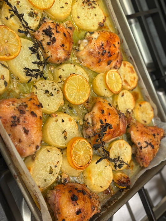 GREEK TO ME SHEET-PAN CHICKEN THIGHS