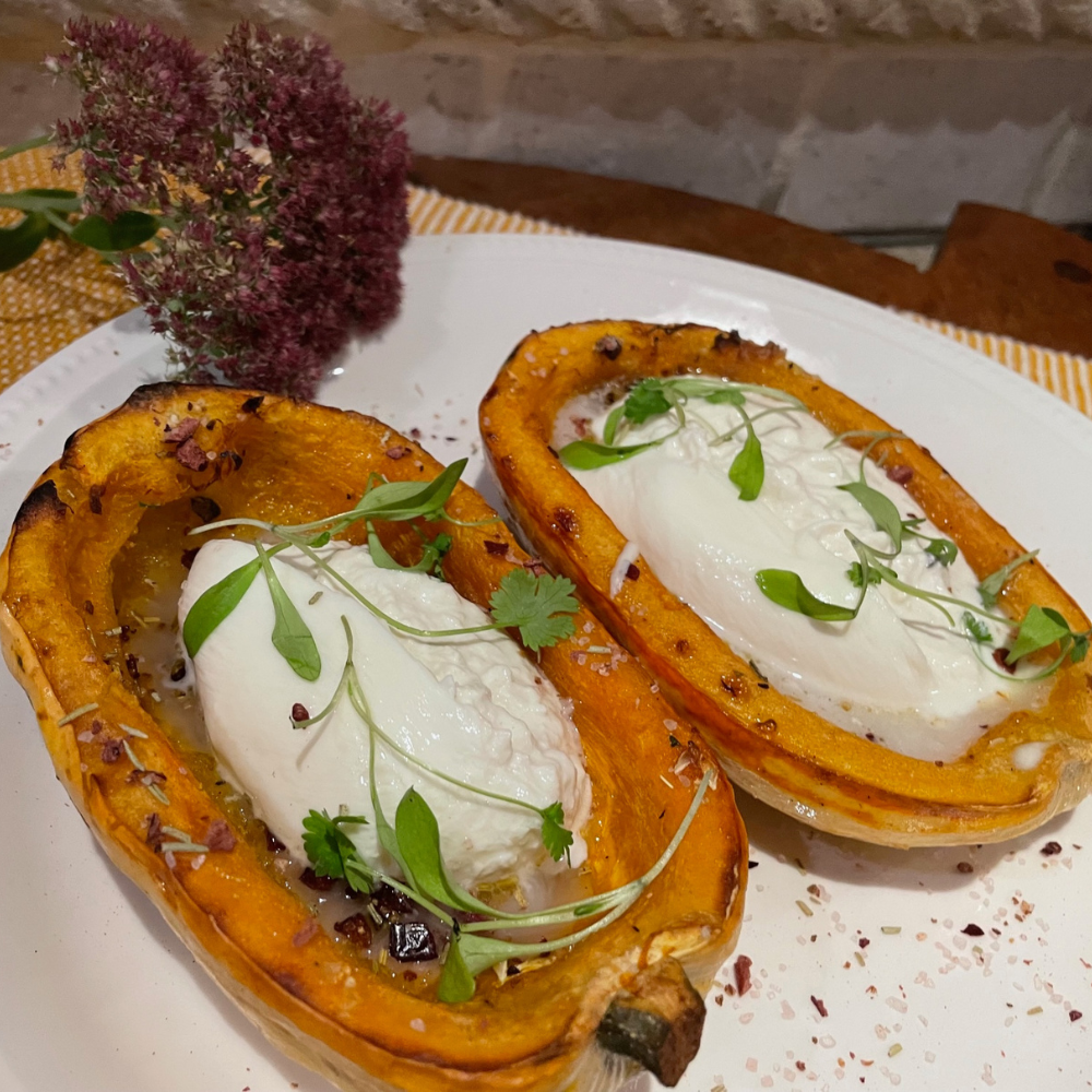 Roasted Delicate Squash with Autumnberry Salt and Burrata