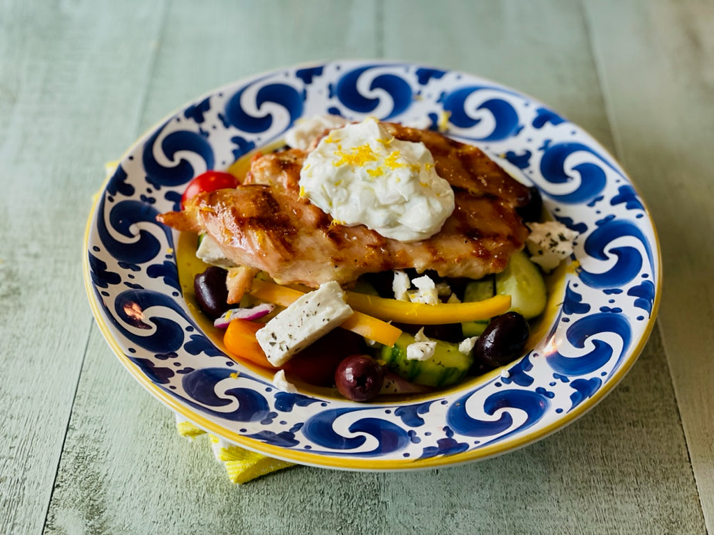 Chicken Paillard with Greek Farmer's Salad and Tzazaki